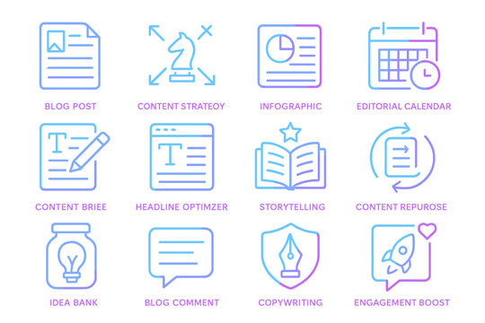 Neon icons representing content strategy and creation tools