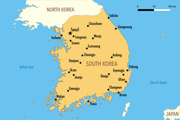 Obraz premium Vector Map of South Korea with Major Cities and Neighboring Countries – Editable Illustration