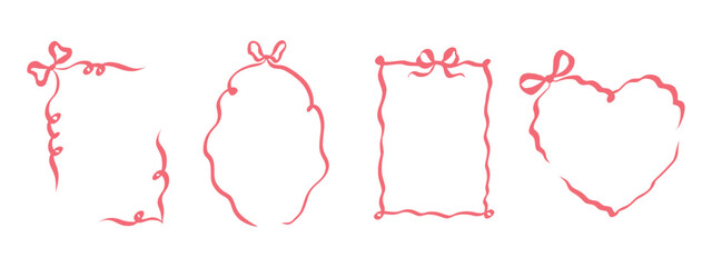 Coquette ribbon frames with bow. Hand drawn whimsical lace borders in simple crayon and sketch style. Trendy art for bachelorette party and wedding invitations. Doodle decorative vector illustration