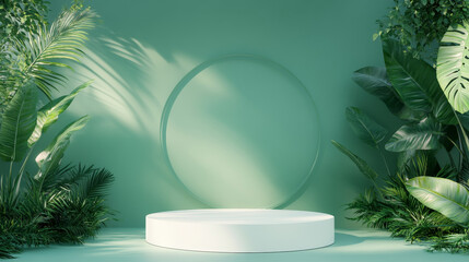 Minimalist green stage design featuring a white circular pedestal and natural leaf lighting for product display