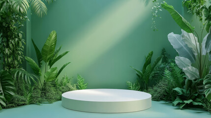 Minimalist green stage design featuring a white circular pedestal and natural leaf lighting for product display