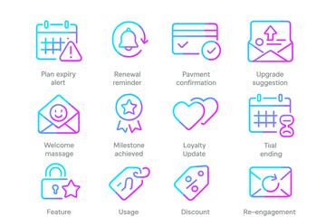 Neon icons for notifications and updates in vibrant colors