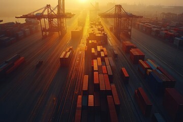 Industrial port at sunrise with cranes, containers, and distant smokestacks creating a vibrant skyline