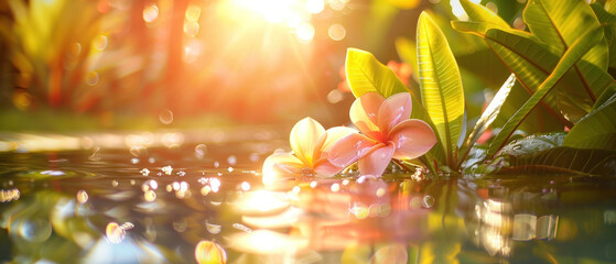 Tropical frangipani flower floating in sunlight
