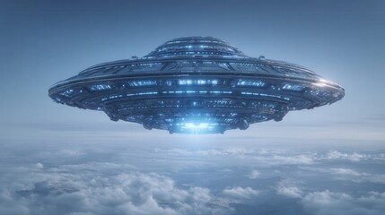 Obraz premium Futuristic UFO hovering above clouds in a clear blue sky.