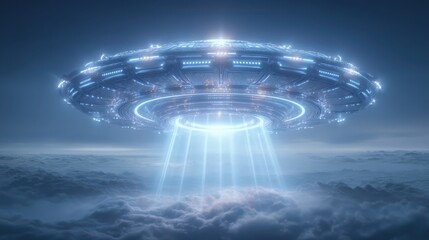 Futuristic UFO hovering above clouds with beams of light.