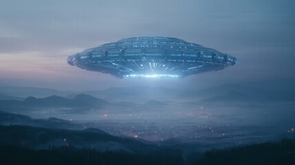 Obraz premium Futuristic UFO hovering over a misty landscape at twilight.