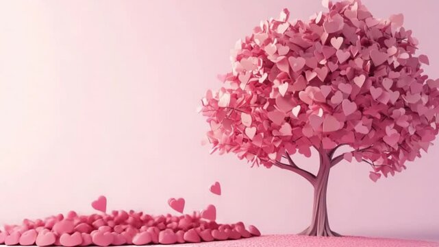 A whimsical pink tree with heart-shaped leaves shedding hearts in a soft, dreamy landscape