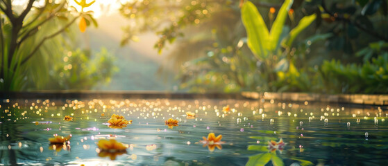 Tropical pool with floating flowers at sunrise
