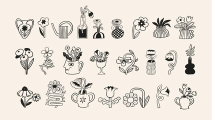 Cute hand drawn flowers, plant pots, houseplants and vases doodles set