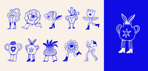Retro surrealist flowers, houseplants and vases cartoon characters
