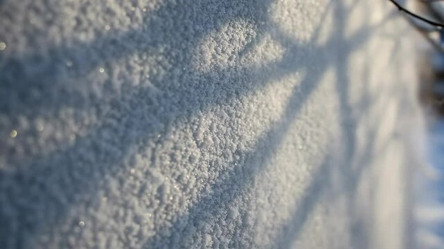 Branch shadows shifting on sparkling snowy wall, subtle wind and changing light angle, winter scene