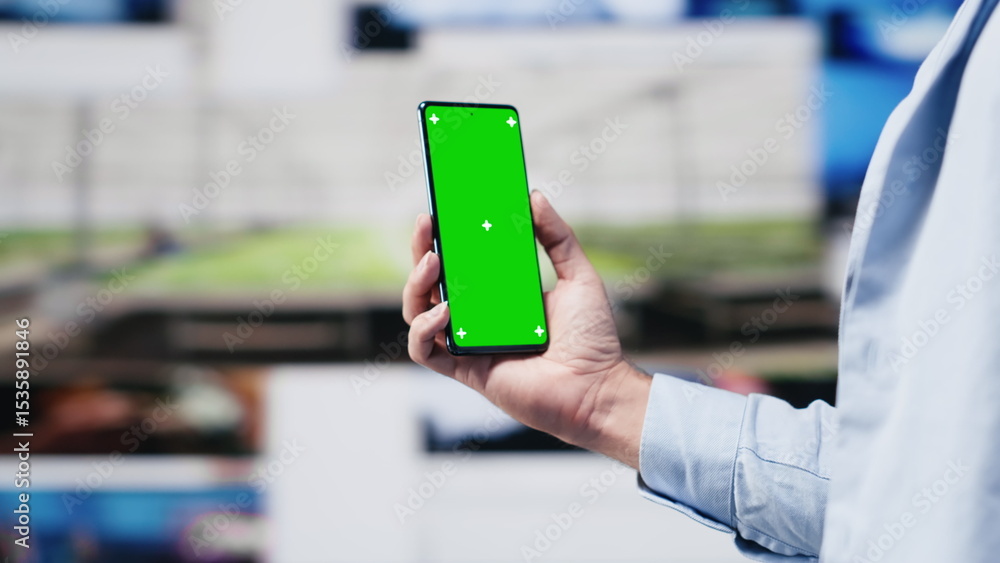 Aufkleber male web user navigates phone with copy space for social media platforms, showcasing creativity and 