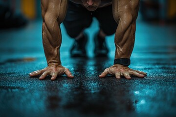 Strong muscular hands push against a gym floor during an intense workout session in a dimly lit fitness space focusing on strength training