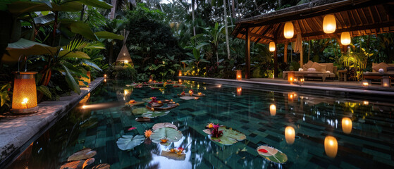 Tropical luxury pool with floating flowers at night
