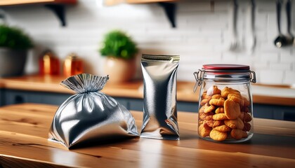 packaged snacks in shiny silver pouch on wooden kitchen countertop