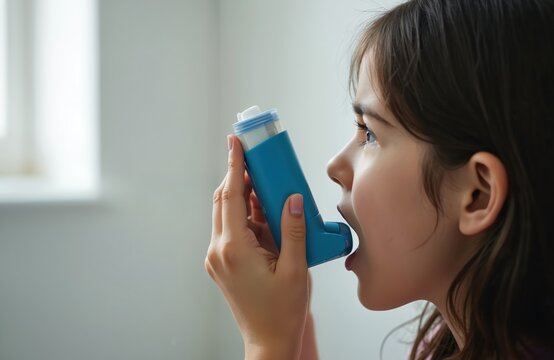 Young girl uses asthma inhaler indoors. The child suffers from respiratory illness at home. Portrait of female with health issues. Medicine for lungs and breathing. Medical treatment.