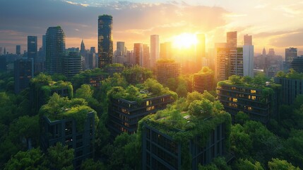 Obraz premium Green sustainable city with futuristic buildings integrated into forest landscape.