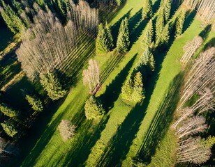 Fototapeta premium an aerial view of a forest with tree shadow patterns