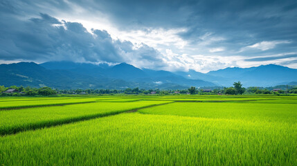 Scenic rural panorama with rice paddies, distant mountain range, and cloudy sky overhead