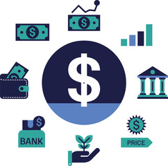 Financial growth and investment concepts depicted with dollar symbol and related icons