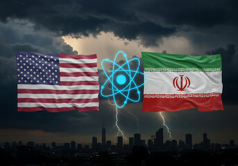 Usa iran nuclear deal crisis concept with american and iranian flags and atom symbol on dark stormy sky
