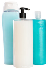 Hair and body shampoo or shower gel on a household supermarket shelf. Isolated over white background