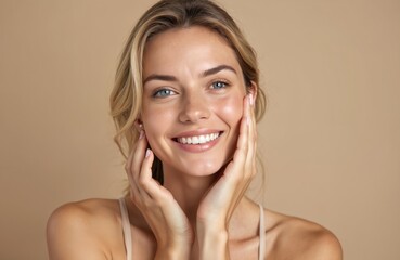 Smiling woman touching face. Portrait attractive woman smiles, touching skin. Blonde hair, blue eyes, healthy skin. Beautiful face, positive emotion, skin care, beauty concept.