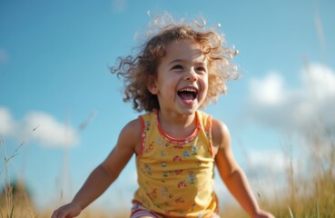 Happy child laughs outdoor. Curly haired kid smiles on sunny summer day. Little girl runs on grass field. Sunny sky background. Positive emotions, carefree childhood, freedom concept.