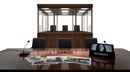 Courtroom setup featuring a witness giving testimony remotely, with printed photographs and microphones on the table, against a transparent background, perfect for legal or crime related concepts