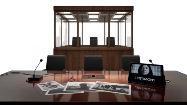 Courtroom setup featuring a witness giving testimony remotely, with printed photographs and microphones on the table, against a transparent background, perfect for legal or crime related concepts