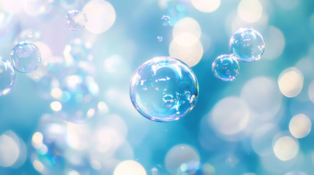 Floating soap bubbles with bokeh light on blue background
