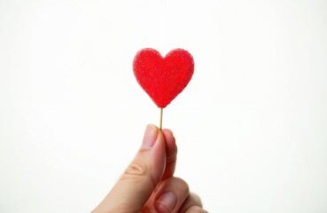Fototapeta premium Hand holds red heart candy on white. Valentine Day concept. Romantic gesture for love relationship. Symbol of affection, appreciation. Minimalist clean design. Pure emotion, feelings.