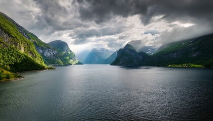 Obraz premium majestic fjord surrounded by verdant mountains under cloudy skies