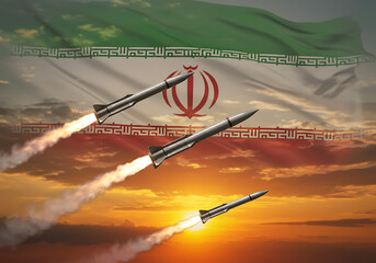 Iranian missiles launch against sunset backdrop with iran flag military power and defense capabilities