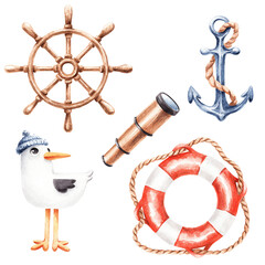 Watercolor nautical clipart set. Anchor, lifebuoy, seagull, helm, and spyglass. Marine elements isolated on white. Hand-painted sea-themed illustration.