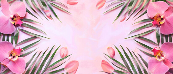 Bright pink background decorated with pink orchids, green palm leaves, and flower petals, perfect for summer, spa, or beauty themes.
