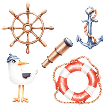 Watercolor nautical clipart set. Anchor, lifebuoy, seagull, helm, and spyglass. Marine elements isolated on white. Hand-painted sea-themed illustration.