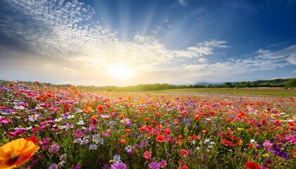 Fototapeta premium a vibrant meadow full of colorful flowers stretches under a bright sky