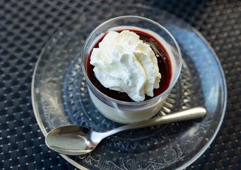 Light aromatic creamy panna cotta with wild berries served in a glass bowl. Natural organic sweets