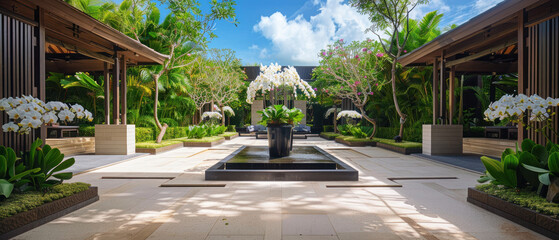 Luxury tropical courtyard garden with orchids and fountain
