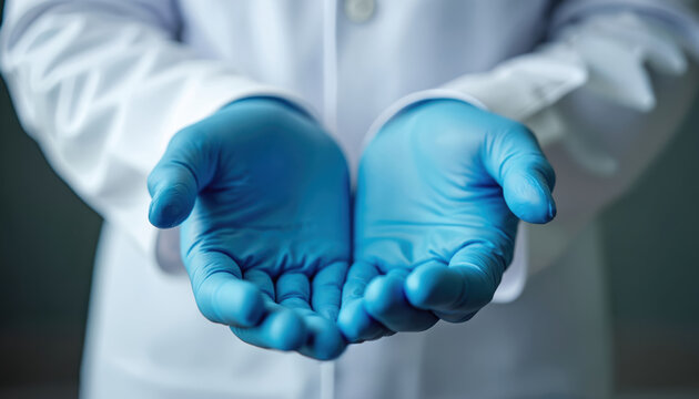 Hands of doctor in blue medical gloves. Physician in white lab coat demonstrates sterile hands. Concept of healthcare safety. Prevention and hygiene in medical work. Protection against virus.