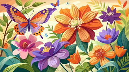 Obraz premium Beautiful orange and violet flowers, butterflies in summer garden. Clematis and Gloriosa flowers. Summer floral concept. Banner. Very beautiful