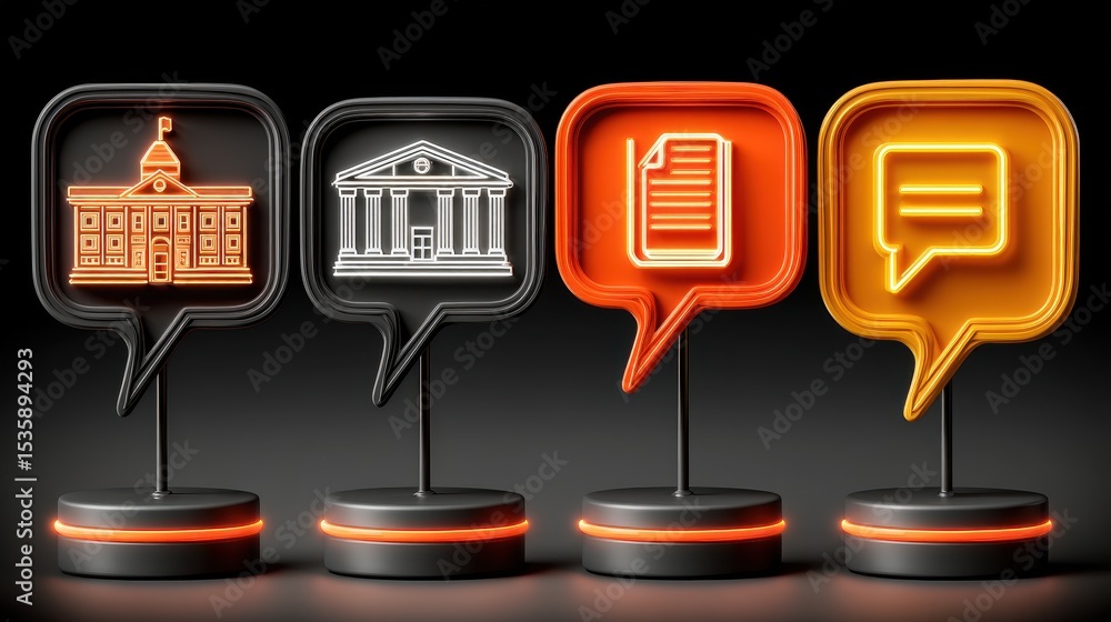 Poster creative learning four speech bubble icons representing various institutions and communication conce