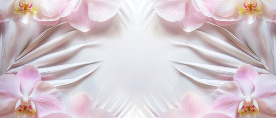Soft pink orchid and palm background design, flatlay, wedding invitation template
