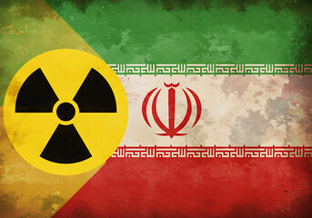 Iran nuclear program concept with iranian flag and nuclear symbol for news and political discussion