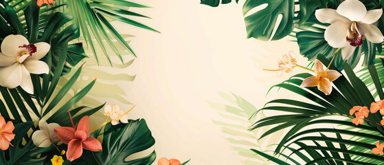 Tropical floral background with orchids and palm leaves
