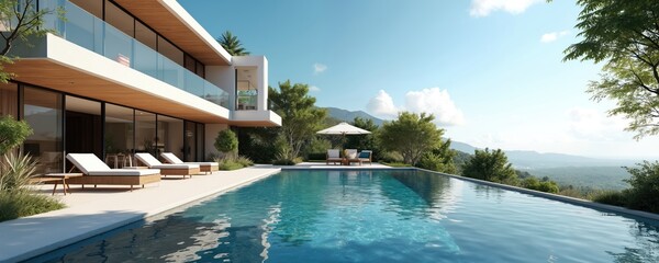 Modern luxury real estate 3D illustration with infinity pool outdoor lounge. Contemporary house mountain view, features modern architecture. Stylish home, landscape, residence, vacation, resort,