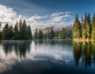 Fototapeta premium serene forest lake reflecting tranquil trees under a soft sky