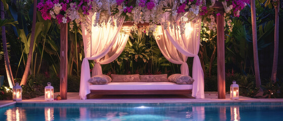Elegant poolside cabana decorated with hanging flowers, lanterns, and soft lighting, creating a romantic and relaxing evening atmosphere.
